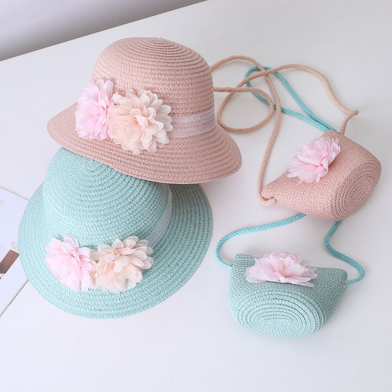 Cappello da spiaggia estivo per bambini, con paglia, per genitori e bambini, con protezione solare, con fiori carini, piccolo sacchetto fresco_voghion.com