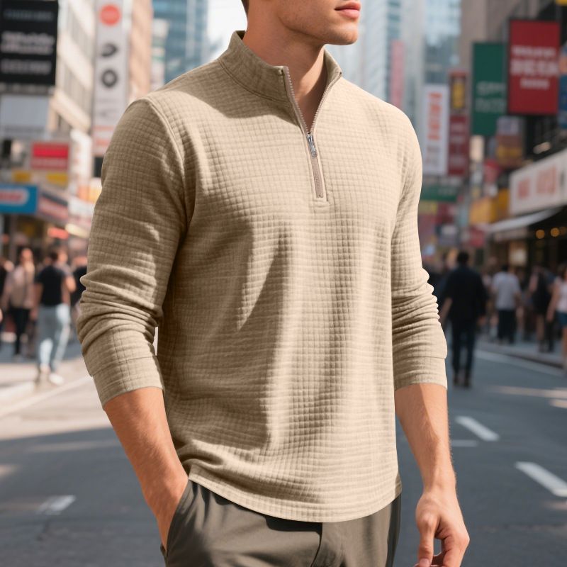 Roupas masculinas com gola alta e zíper, moletom com estampa xadrez pequena, poliéster respirável, leve, confortável, casual, esportivo_voghion.com