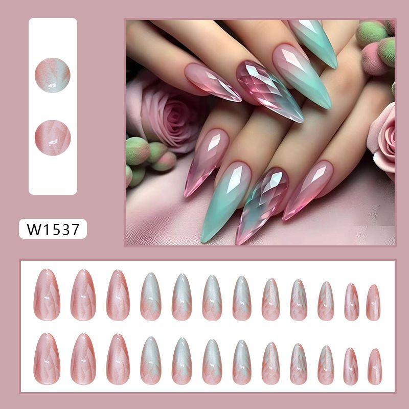 Wearable Detachable Medium Length Almond Nails Gradient Cat Eye Nail Tips 24 Pieces_voghion.com