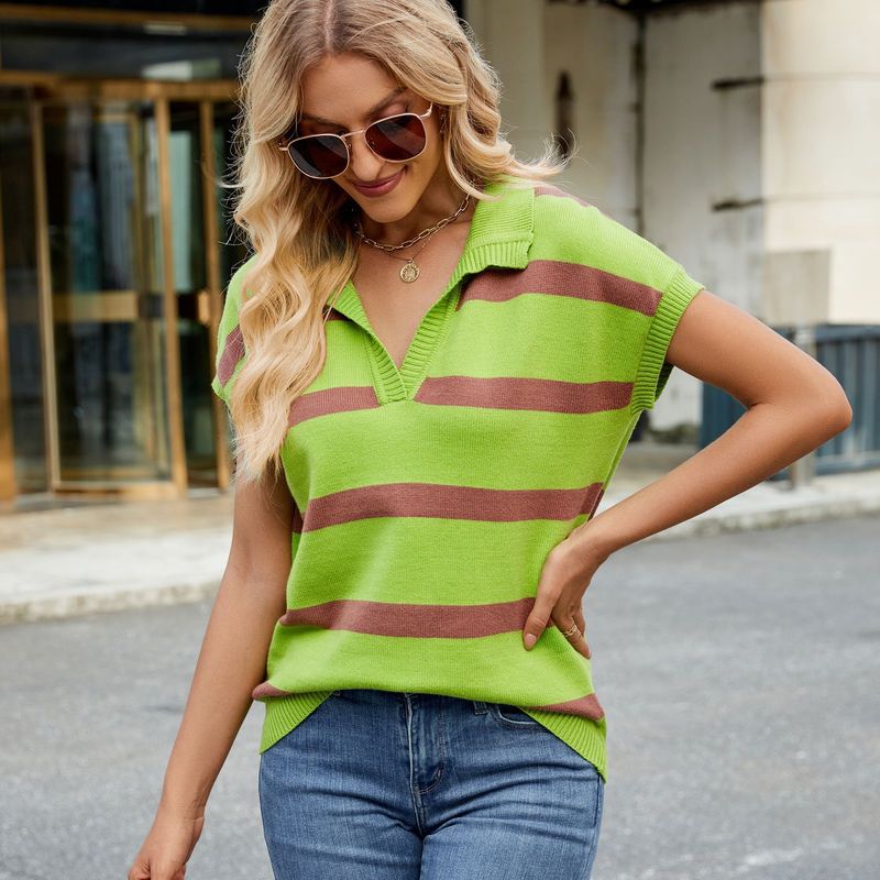 Gilet a righe casual da donna con risvolto_voghion.com