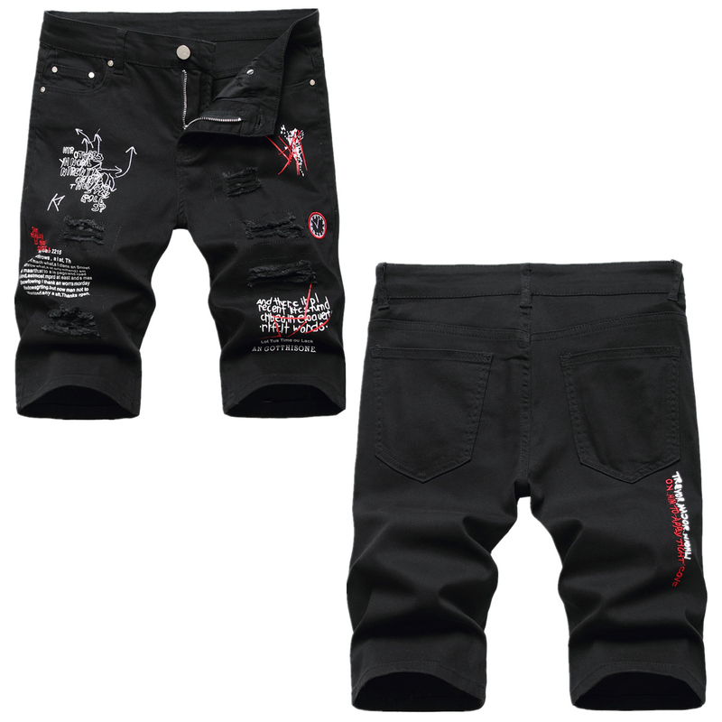 Man's clothing Light printed ripped embroidered denim shorts Men's slim stretch capri Hipster medium_voghion.com