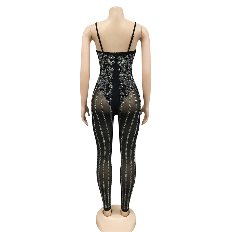 Dameklær Mote Nattklubb Mesh Hot Diamond Perspective Suspender Jumpsuit Dameklær_voghion.com