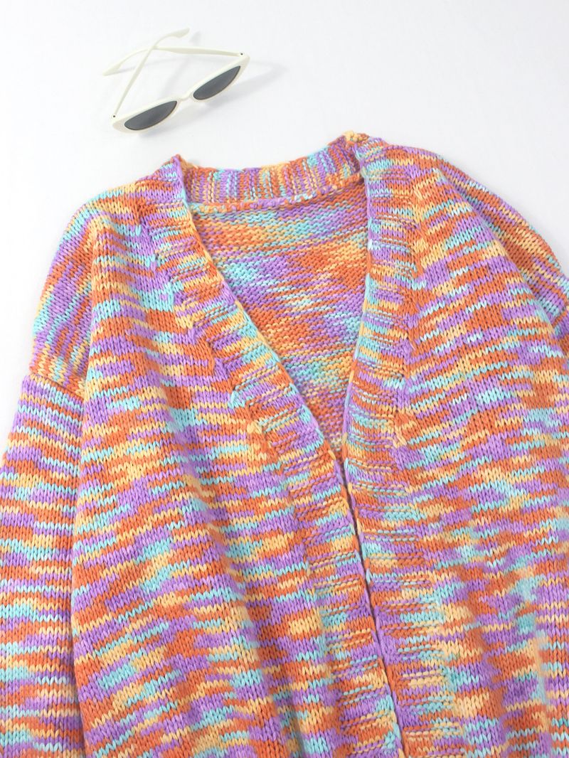 Rainbow Striped Oversized Knit Cardigan Women's Boho Chic Open Front Long Sleeve Sweater For Fall & Winter_voghion.com