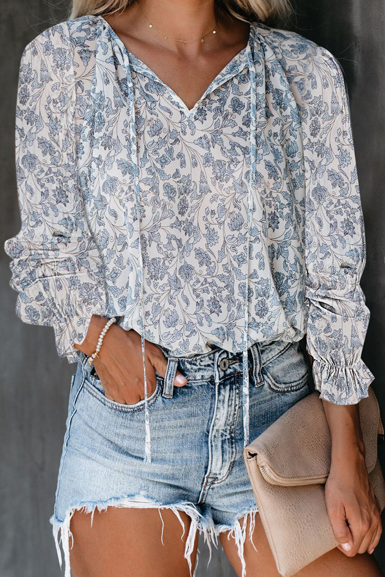 Maglietta da donna con stampa floreale e scollo a V a maniche lunghe_voghion.com