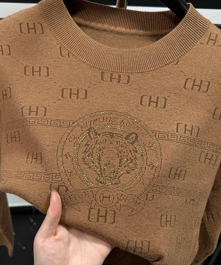 Suéter masculino de malha jacquard – pulôver canelado estiloso com gola redonda, top casual slim fit para outono e inverno_voghion.com