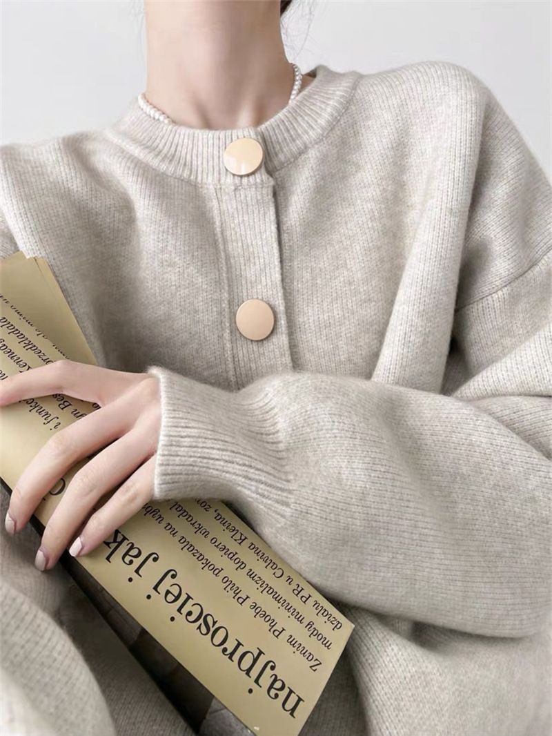 Elegant Single-Button Knit Cardigan For Women – Oversized Boho Chic Cropped Sweater Coat In Soft Round Neck (Coffee Brown, Beige, Oatmeal, Red)_voghion.com