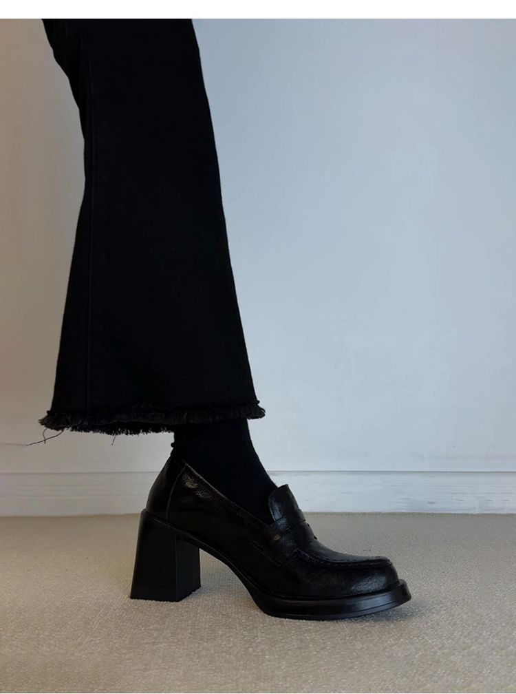 Ziegenleder-Version ~ Authentische Loafer Damen Retro Schwarz Slip-on Flats Elegant High Heel Arbeitskleidung Vielseitig Klein_voghion.com