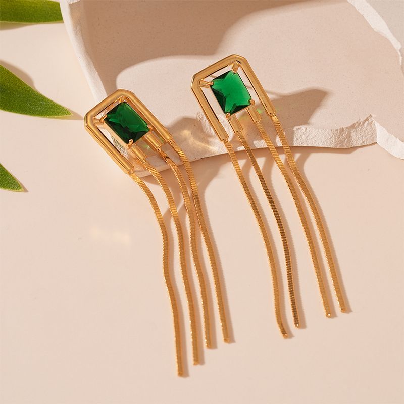 Retro square zircon metal tassel silver needle earrings elegant niche high-end earrings_voghion.com