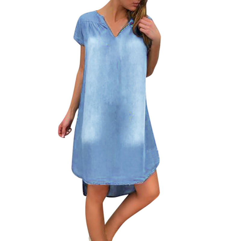Lässiges, einfarbiges, kurzärmeliges Jeanskleid mit V-Ausschnitt für Damen_voghion.com