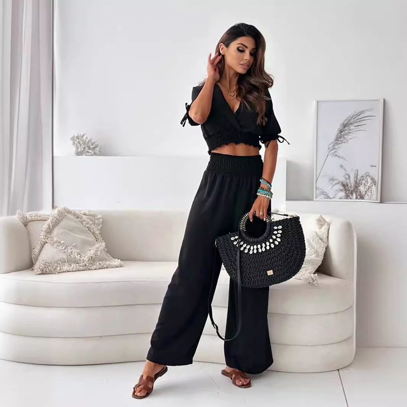 Completo pantalone da donna con maniche a cinque punte, tinta unita - Completo casual in stile europeo e americano_voghion.com