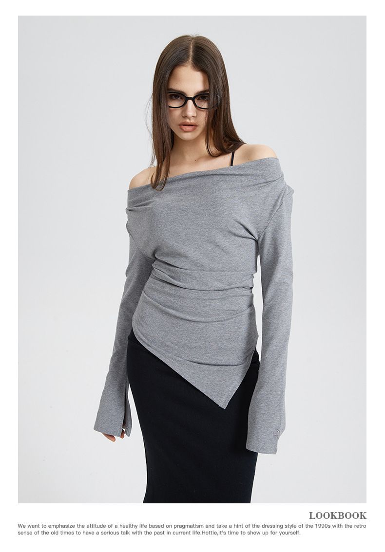 Abbigliamento da donna Top a maniche lunghe con spalle scoperte da donna - Maglietta basic asimmetrica sexy_voghion.com