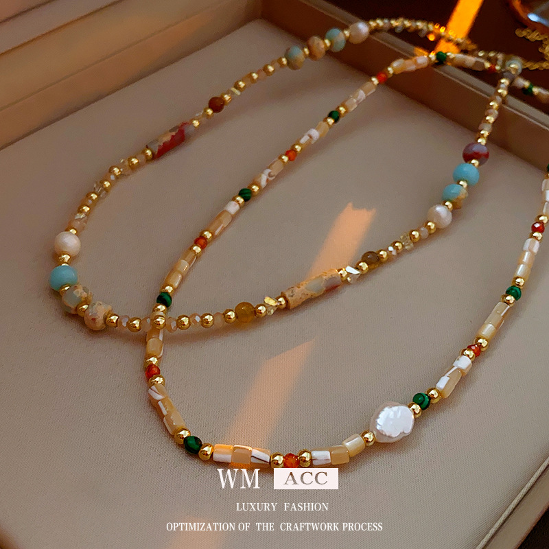 Baroque freshwater pearl colored natural stone necklace with a minimalist temperament, collarbone chain, light luxury,_voghion.com