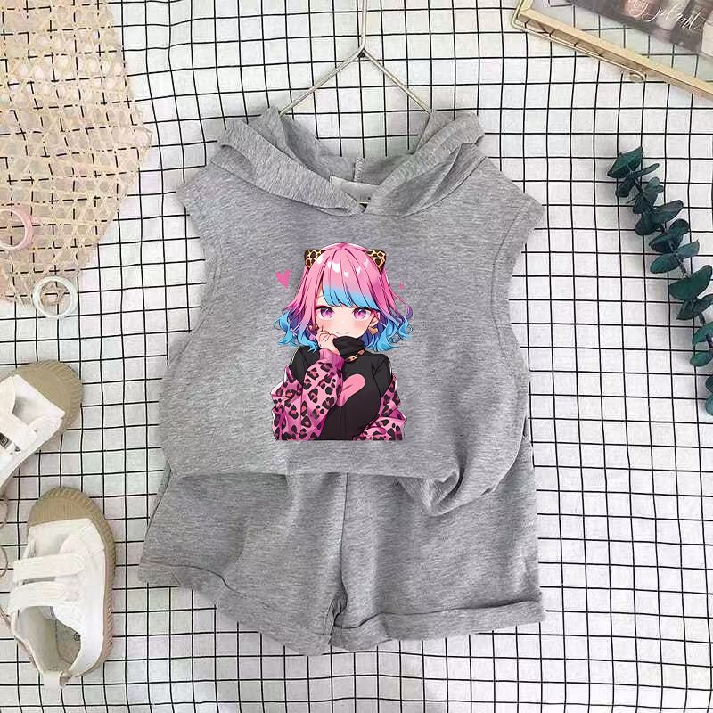Children's Clothing 2025 New Girls Shorts Suit Hooded Two Piece Korean Style Fashion Cartoon Vest Trend_voghion.com