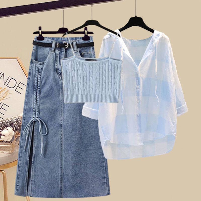 Abbigliamento donna Camicia Bretelle in maglia Gonna in denim Completo tre pezzi_voghion.com