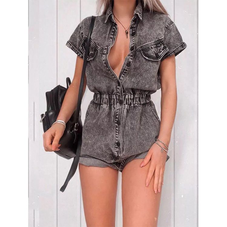 Γυναικεία ρούχα καυτές εκπτώσεις Γυναικεία μονόχρωμα κοντομάνικα slim rompers τζιν_voghion.com