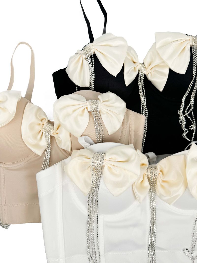 Corsetto a spina di pesce con fiocco grande e catena di diamanti, doppio strato pesante e nappa di strass squisita da donna_voghion.com