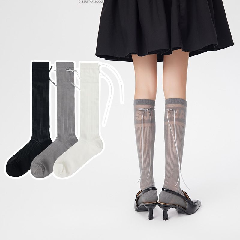 2025d Miu Style Sheer Socks Women, Mid-Calf Knee-High, With Holes, Bowknot, Ribbon, Runway Thin Design For Spring And Autumn_voghion.com