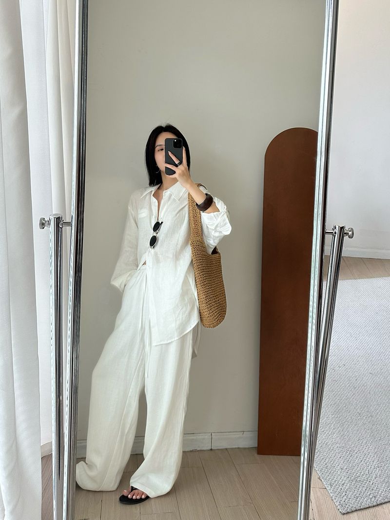 Atmungsaktive Hose aus Leinen-Baumwolle mit weitem Bein für Damen – Relaxed Fit Hose mit hoher Taille und geradem Bein und Kordelzug, lässige Loungewear für den Sommer in Weiß_voghion.com