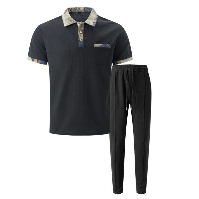 Roupas masculinas Nova juventude Waffle lapela cor combinando bolso manga curta calças terno casual_voghion.com