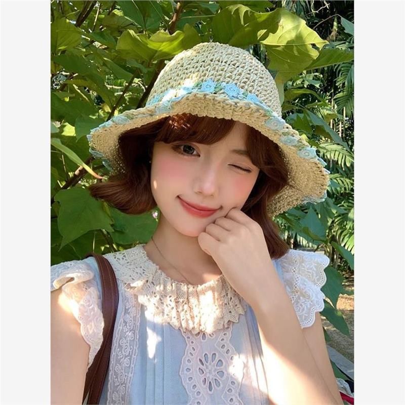 Cappello da pescatore in maglia con fiori blu, nuovo cappello da spiaggia in paglia larga, primavera 2025_voghion.com