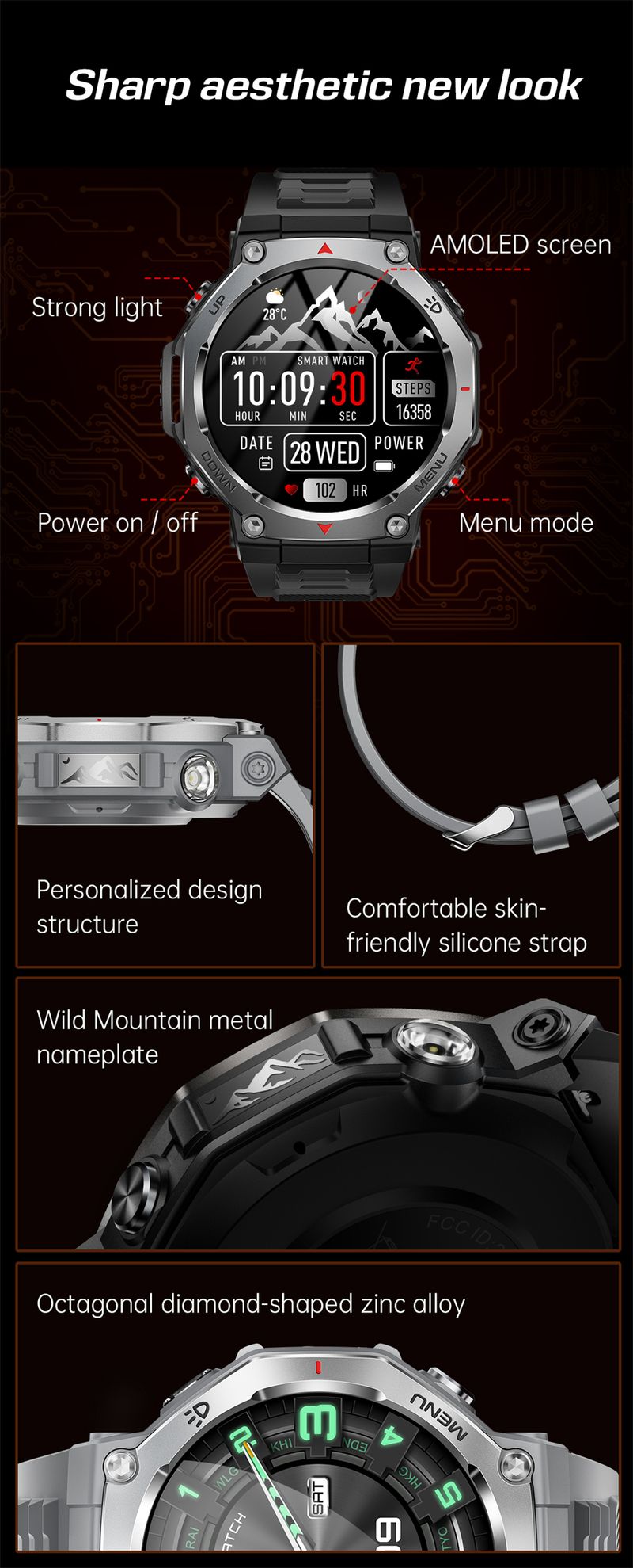 Orologio intelligente robusto per sport all'aria aperta KT85, display HD AMOLED da 1,43", batteria a lunga durata da 525 mAh, monitoraggio del fitness, calorie e distanza._voghion.com