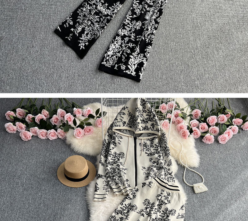 Sweat-shirt tricoté à capuche et fermeture éclair en jacquard pour femmes, ensemble deux pièces, taille haute, pantalon à jambes larges_voghion.com