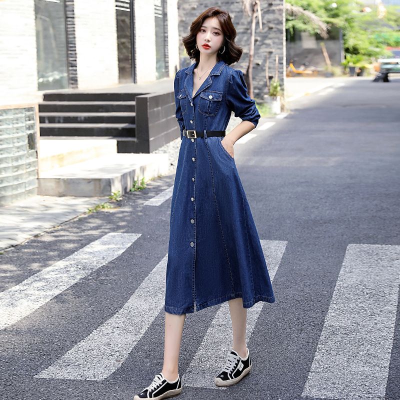 Abito in denim a maniche lunghe per donna in primavera e in estate, design sottile, stile francese, elegante, anti-età,_voghion.com