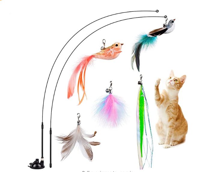 Aifeiniao Handheld Steel Wire Rod Wand Bell Feather Replacement Head Set Cat Toy Teaser_voghion.com