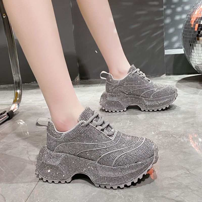 Modische Damen-Sneaker mit Strasssteinen – klobige Plateauschuhe für mehr Körpergröße, atmungsaktives Obermaterial aus PU, lässige und trendige Low-Top-Schnürschuhe_voghion.com