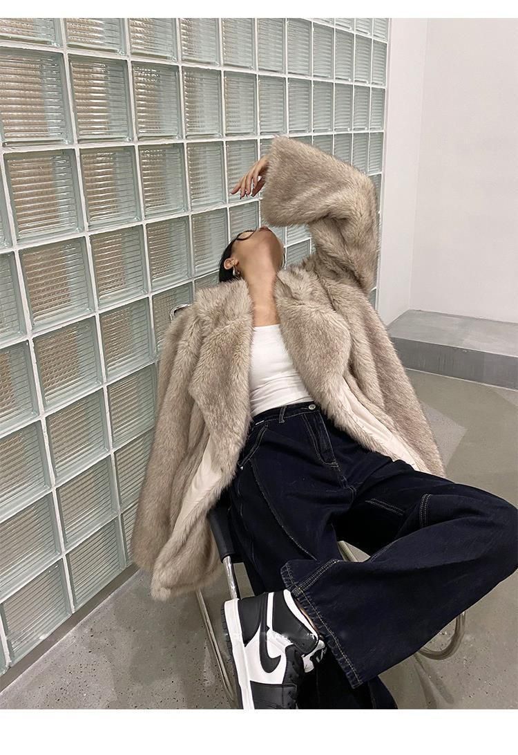 Women's Clothing Luxury Faux Fox Fur Coat Women's Longline Casual Oversized Lapel Plush Jacket - Coffee Tip / White With Yellow Tip_voghion.com