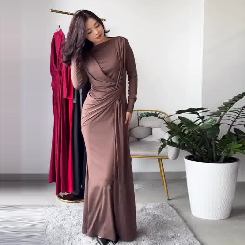 Women's Clothing Sexy Fashion Round Neck Pleated Waist Slim Fit Solid Color Temperament Dress_voghion.com