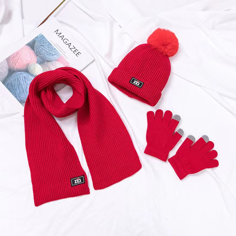Simple M label children's wool autumn and winter new children's hat scarf gloves three piece set solid color warm_voghion.com