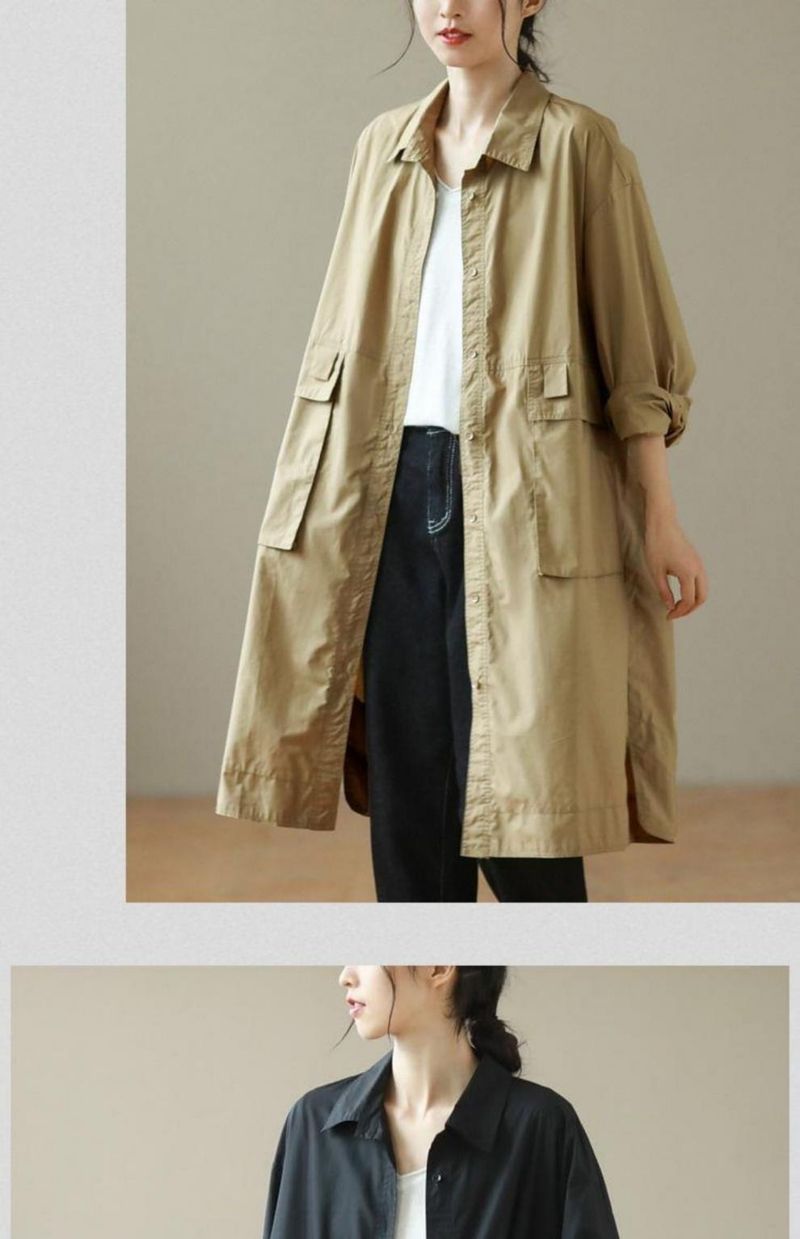 Damenbekleidung Übergröße Damen Trenchcoat mit Designdetails, übergroßer lässiger Langmantel, locker sitzender Arbeitshemdstil für Herbst und Winter_voghion.com