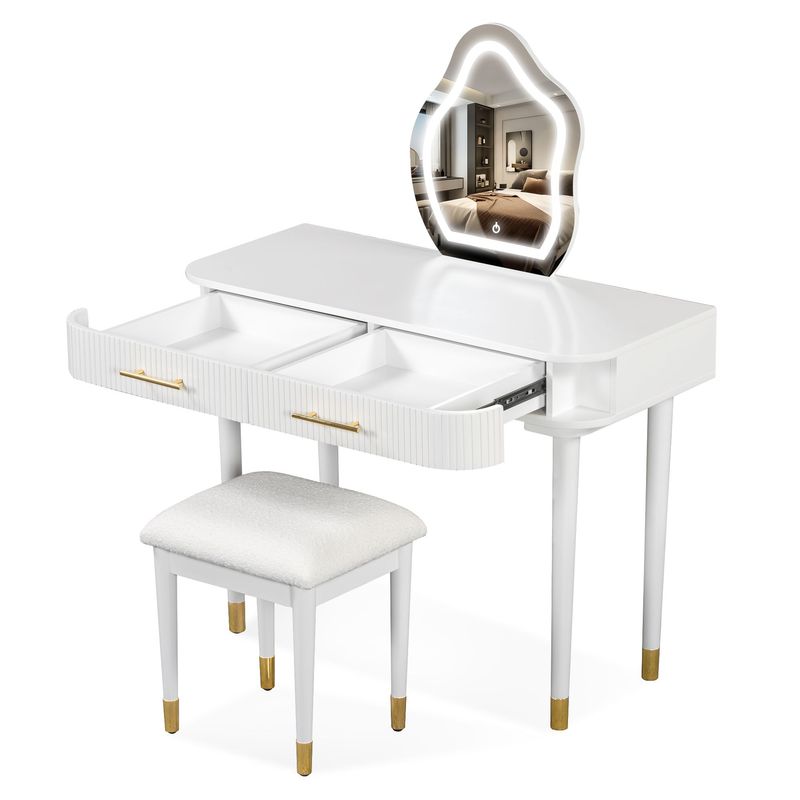 40" Modern Vanity Table Set With Mirror Touch Screen Lighted Mirror, Dressing Table And Cushioned Stool Set With 2 Large Drawers, White_voghion.com