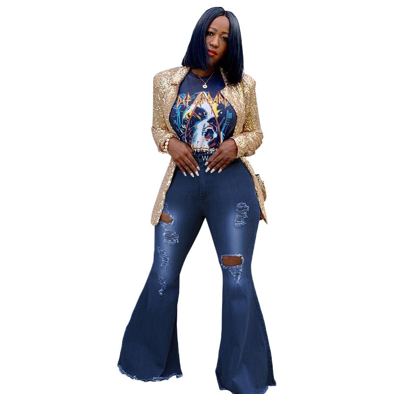 Modische Damenbekleidung mit weitem Bein, ausgewaschener, zerrissener Denim-Stretch-Schlaghose_voghion.com