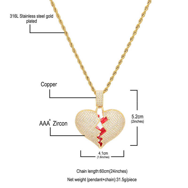 Personalisierte Hip Hop Zirkonia Halskette mit gebrochenem Herzen in Herzform für Männer und Frauen_voghion.com