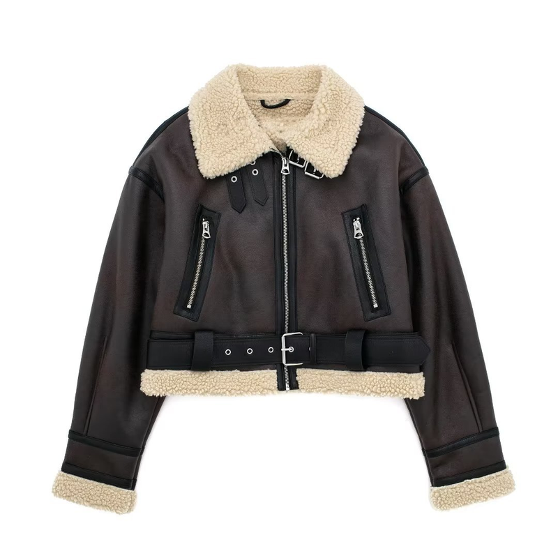 Women's New Double-sided Short Jacket Winter Motorcycle Style Fur One-piece Warm Jacket_voghion.com
