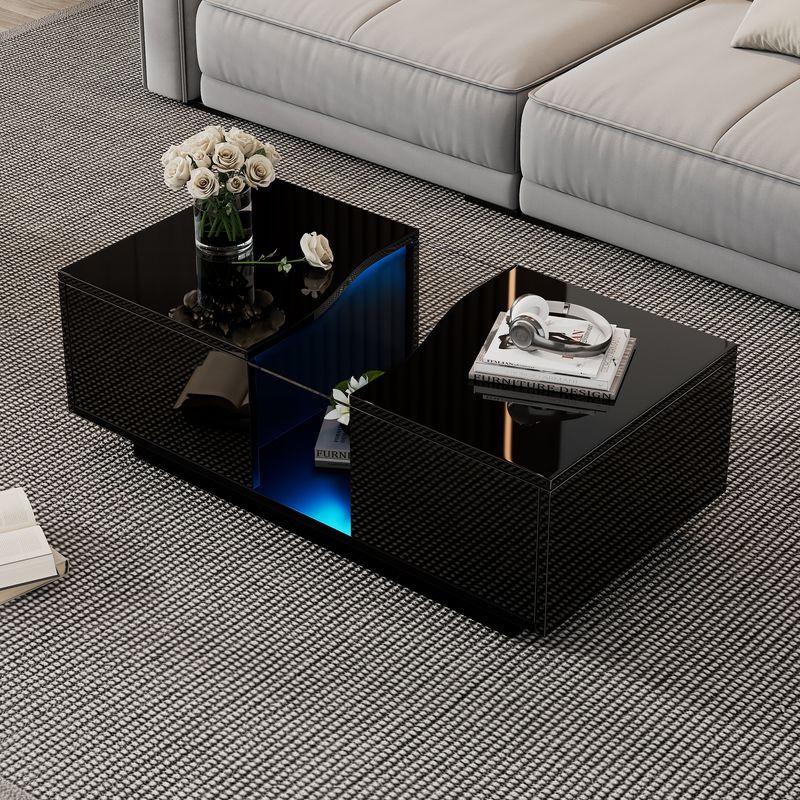 Table basse moderne à LED avec 2 tiroirs, 100 x 50 x 35 cm, plateau en acrylique noir brillant avec éclairage LED, table d'appoint en MDF pour salon et chambre._voghion.com