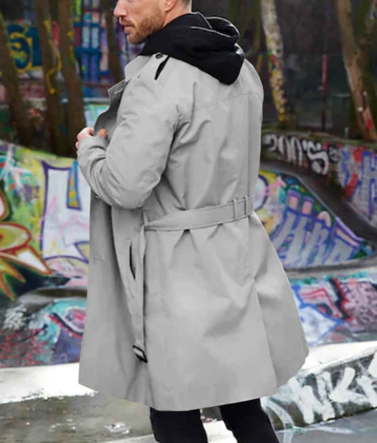 Men's solid color long sleeve trench coat men's lapel slim double breasted casual coat_voghion.com
