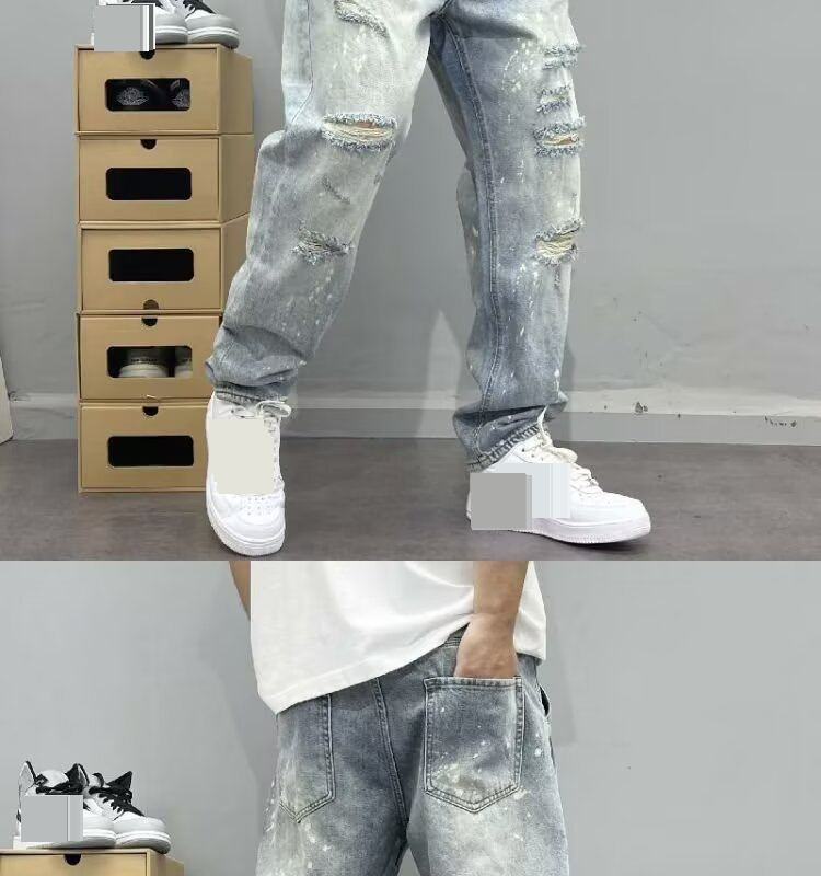 2025 High Street Ink Splashed Hole Jeans Men's Thin Washed Personality Loose Beggar Pants Handsome Straight Pants_voghion.com