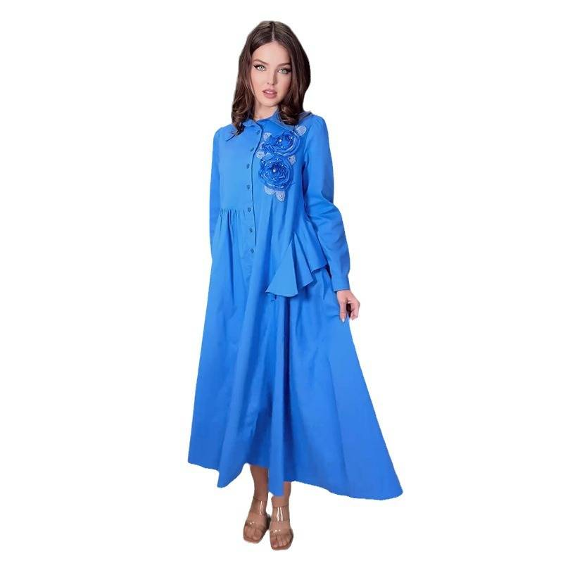Autumn New Women's 3D Floral Print Elegant Long Sleeve Dress With Lapel Collar - Royal Blue, Sizes XS To XXXL_voghion.com