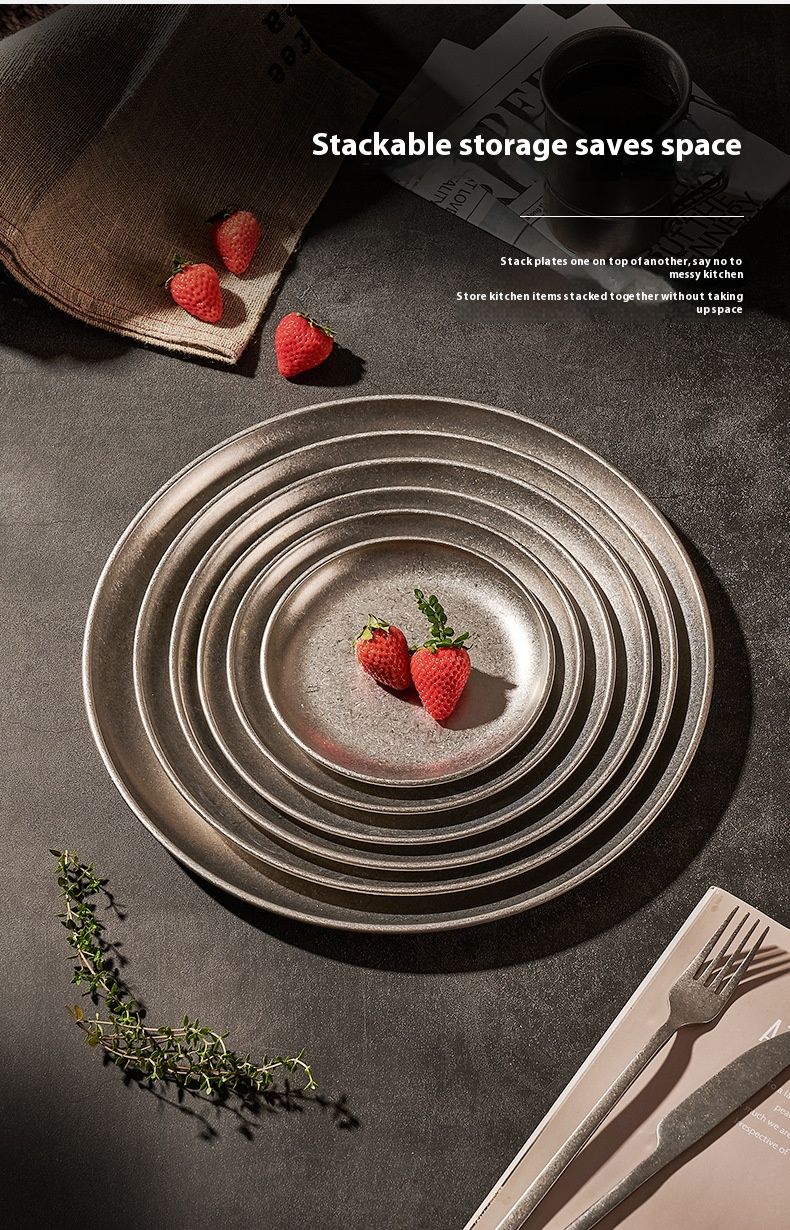 Vintage-Style Stainless Steel Tray Set – Elegant Round Plates For Coffee, Desserts & Dining (Matte Finish, Microwave Safe)_voghion.com