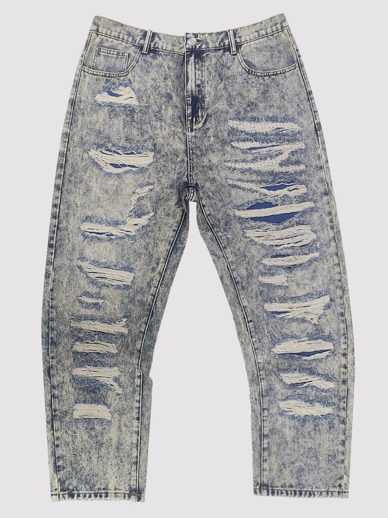 Premium Plus Size Herenjeans - Vintage Distressed Washed Skinny Fit Rechte Spijkerbroek Voor Urban Streetwear_voghion.com