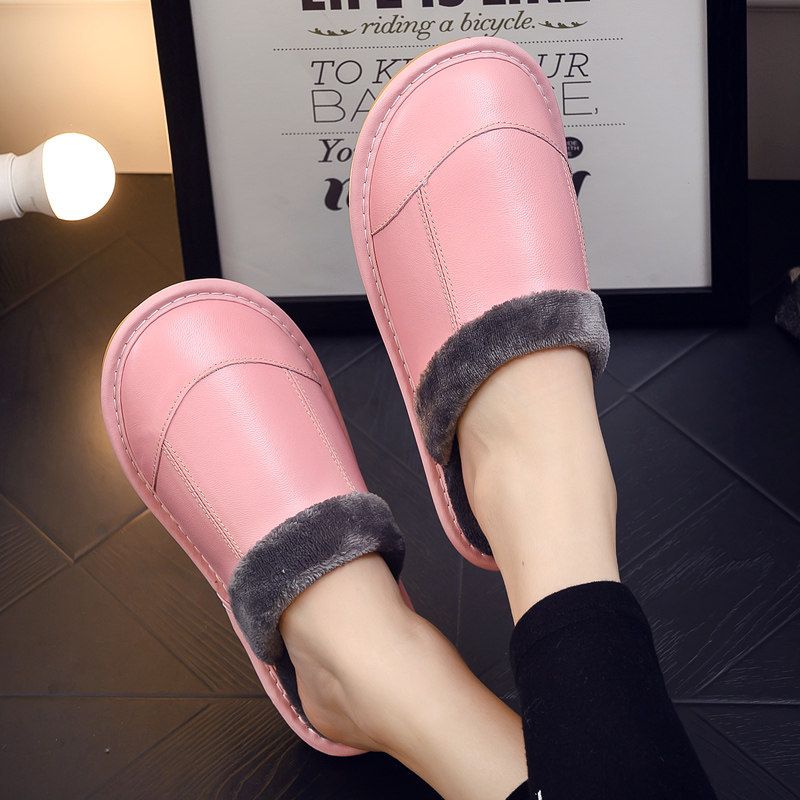 Pantofole da donna in pelle di pecora di qualità imbattibile, per uso domestico in interni, silenziose, suola morbida, antiscivolo, impermeabili, in cotone resistente all'usura._voghion.com