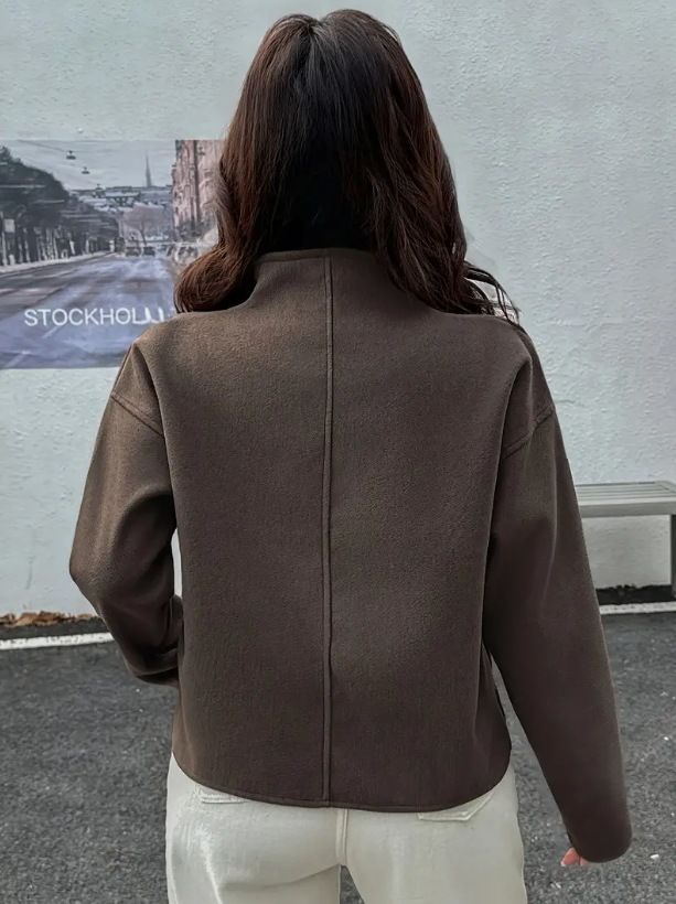 Giacca minimalista in simil-lana – Vestibilità slim, collo alto, cappotto casual con cerniera frontale per donna (S-XXL, marrone caffè)_voghion.com