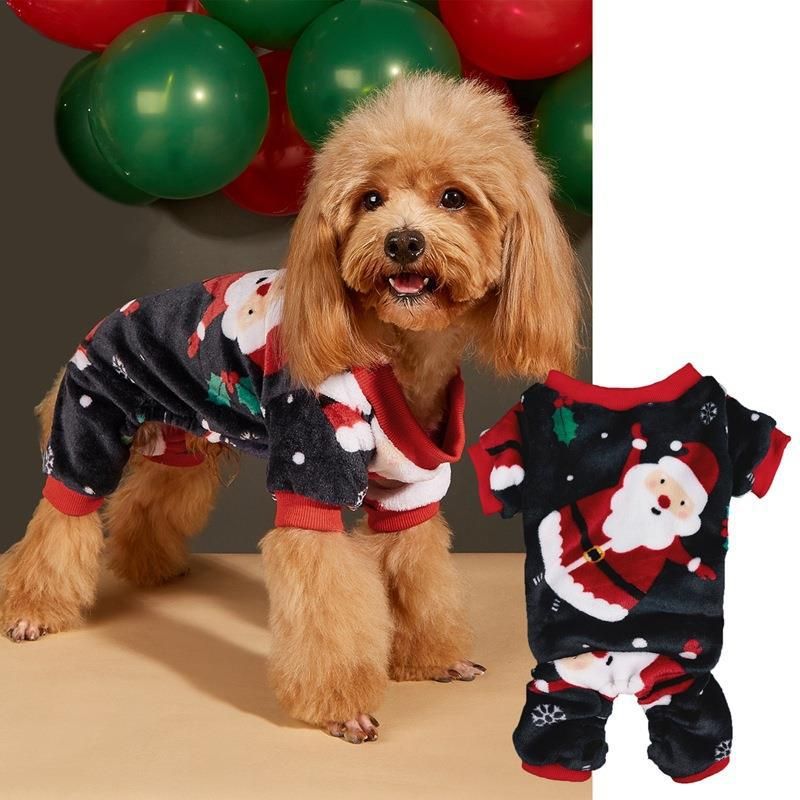 Pet Clothes Candy Reindeer Snowflake Pattern Ribbed Crew Neck Coral Warm Dog Four-Legged Fleece Jacket_voghion.com