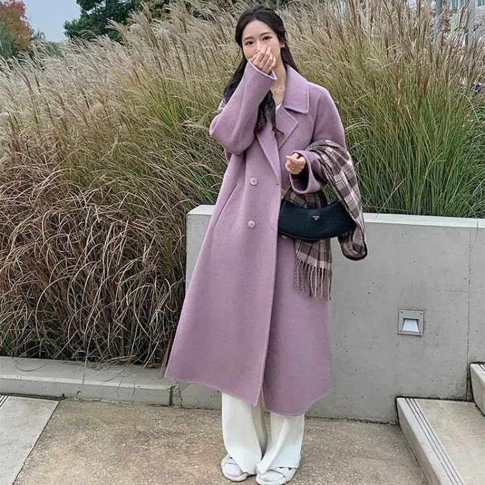 Grauer zierlicher Wollmantel im koreanischen Stil für Damen, Herbst und Winter 2024, neues Design, mittellanger, verdickter Mantel_voghion.com
