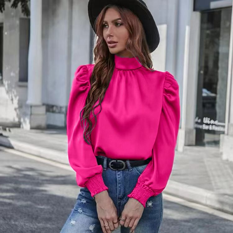 Blusa in raso di seta da donna a maniche lunghe – Elegante dettaglio plissettato, vestibilità ampia, comoda elasticità per lavoro e tempo libero_voghion.com