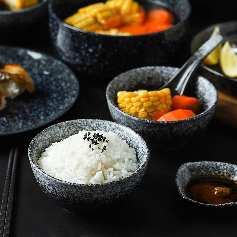 Cuenco de arroz de cerámica retro de gres de 11,4 cm, hecho a mano, para arroz, fideos y ensalada (apto para microondas y lavavajillas)_voghion.com