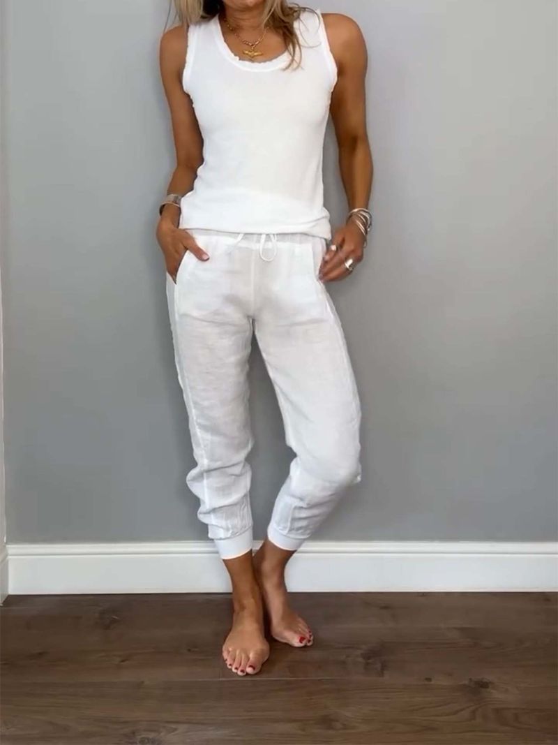 Women's Clothing Summer And Autumn Cotton And Linen Vest Drawstring Casual Pants Set_voghion.com